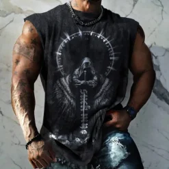 Hot OUKU Men's Graphic Skull Skeleton Vest Top Sleeveless T Shirt for Men Sleeveless Cap Sleeve T shirt 3D Print Crew Neck Shirt Fashion Designer Muscle Daily Sports Gym Black Blue Dark Blue Spring & Summer
