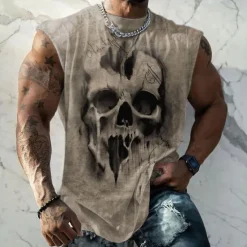 Discount OUKU Men's Graphic Skull T Shirt Short Sleeve T shirt 3D Print Crew Neck Shirt Sports Fashion Retro Vintage Street Sports Outdoor Casual Summer Spring Clothing Apparel S M L XL 2XL 3XL Khaki