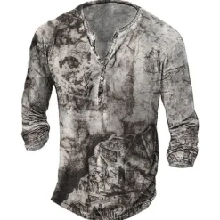 Online OUKU Men's Graphic Skull T shirt Henley Shirt Tee Long Sleeve 3D Print Basic Classic Casual Street Casual Daily Spring & Fall Navy Blue Blue Brown Gray Henley Henley T-Shirt