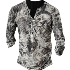 Online OUKU Men's Graphic Skull T shirt Henley Shirt Tee Long Sleeve 3D Print Basic Classic Casual Street Casual Daily Spring & Fall Navy Blue Blue Brown Gray Henley Henley T-Shirt