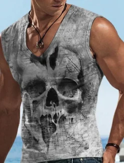 Clearance OUKU Men's Graphic Skulls Vest Top Sleeveless T Shirt for Men Sleeveless T shirt 3D Print V Neck Shirt Designer Casual Muscle Sports Running Gym Blue Purple Khaki Spring & Summer Clothing Apparel S M L XL