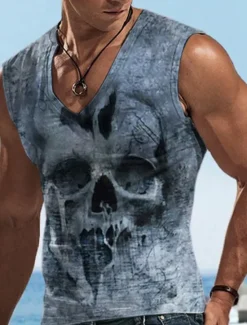 Clearance OUKU Men's Graphic Skulls Vest Top Sleeveless T Shirt for Men Sleeveless T shirt 3D Print V Neck Shirt Designer Casual Muscle Sports Running Gym Blue Purple Khaki Spring & Summer Clothing Apparel S M L XL