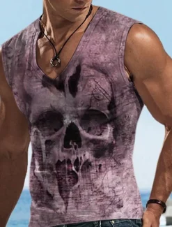 Clearance OUKU Men's Graphic Skulls Vest Top Sleeveless T Shirt for Men Sleeveless T shirt 3D Print V Neck Shirt Designer Casual Muscle Sports Running Gym Blue Purple Khaki Spring & Summer Clothing Apparel S M L XL