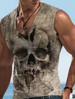 Clearance OUKU Men's Graphic Skulls Vest Top Sleeveless T Shirt for Men Sleeveless T shirt 3D Print V Neck Shirt Designer Casual Muscle Sports Running Gym Blue Purple Khaki Spring & Summer Clothing Apparel S M L XL