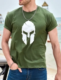 Sale OUKU Men's Graphic Spartan T Shirt Tee 100% Cotton Short Sleeve Graphic Shirt Wine Navy Black on white Comfortable Tee Gym Fashion Designer Clothing