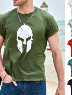 Sale OUKU Men's Graphic Spartan T Shirt Tee 100% Cotton Short Sleeve Graphic Shirt Wine Navy Black on white Comfortable Tee Gym Fashion Designer Clothing