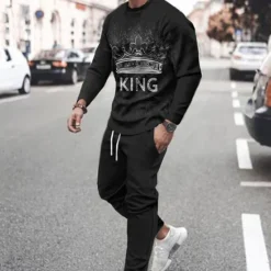 Best OUKU Men's Graphic Splicing 2pcs 3D Sweatshirt Sets Tracksuit Long Sleeve Long pants Crew Neck Streetwear Sportswear Basic Sports & Outdoor Casual Sports Print Spring Fall Black And White Black Yellow