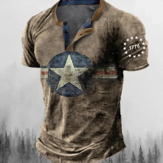 Sale OUKU Men's Graphic Star Henley Shirt Tee Short Sleeve 3D Print Fashion Designer Comfortable Outdoor Casual Daily Summer Blue Brown Green Army Green Henley Henley T-Shirt