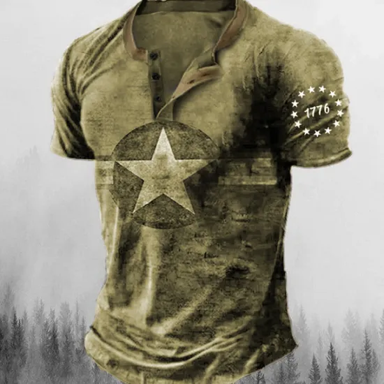 Sale OUKU Men's Graphic Star Henley Shirt Tee Short Sleeve 3D Print Fashion Designer Comfortable Outdoor Casual Daily Summer Blue Brown Green Army Green Henley Henley T-Shirt