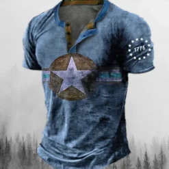 Sale OUKU Men's Graphic Star Henley Shirt Tee Short Sleeve 3D Print Fashion Designer Comfortable Outdoor Casual Daily Summer Blue Brown Green Army Green Henley Henley T-Shirt