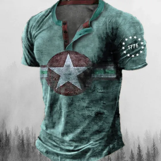 Sale OUKU Men's Graphic Star Henley Shirt Tee Short Sleeve 3D Print Fashion Designer Comfortable Outdoor Casual Daily Summer Blue Brown Green Army Green Henley Henley T-Shirt