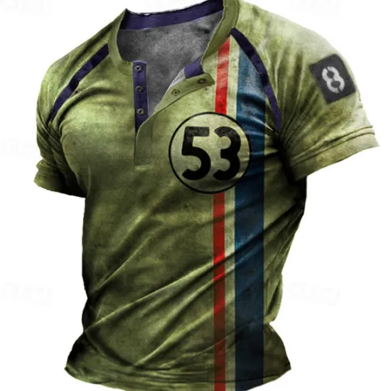 New OUKU Men's Graphic Striped Letter T shirt Henley Shirt Short Sleeve 3D Print Fashion Basic Classic Street Casual Daily Summer Blue Purple Brown Green Henley Henley T-Shirt