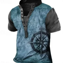 OUKU Men's Graphic T Shirt Henley Shirt Tee Short Sleeve 3D Print Designer Basic Casual Outdoor Daily Sports Summer Yellow Blue / White Brown Coffee Blue+Blue Stand Collar Henley T-Shirt