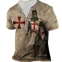 Hot OUKU Men's Graphic Templar Cross Cross T shirt Henley Shirt Tee Short Sleeve 3D Print Designer Basic Casual Outdoor Daily Sports Summer Blue Purple Brown Green Gray Henley Henley T-Shirt