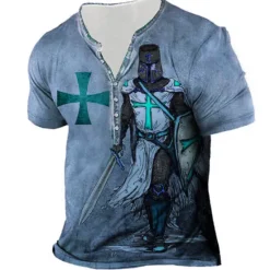 Hot OUKU Men's Graphic Templar Cross Cross T shirt Henley Shirt Tee Short Sleeve 3D Print Designer Basic Casual Outdoor Daily Sports Summer Blue Purple Brown Green Gray Henley Henley T-Shirt