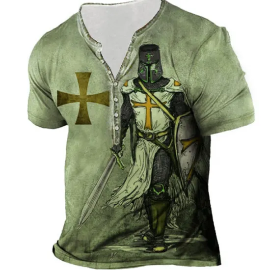 Hot OUKU Men's Graphic Templar Cross Cross T shirt Henley Shirt Tee Short Sleeve 3D Print Designer Basic Casual Outdoor Daily Sports Summer Blue Purple Brown Green Gray Henley Henley T-Shirt