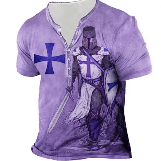 Hot OUKU Men's Graphic Templar Cross Cross T shirt Henley Shirt Tee Short Sleeve 3D Print Designer Basic Casual Outdoor Daily Sports Summer Blue Purple Brown Green Gray Henley Henley T-Shirt