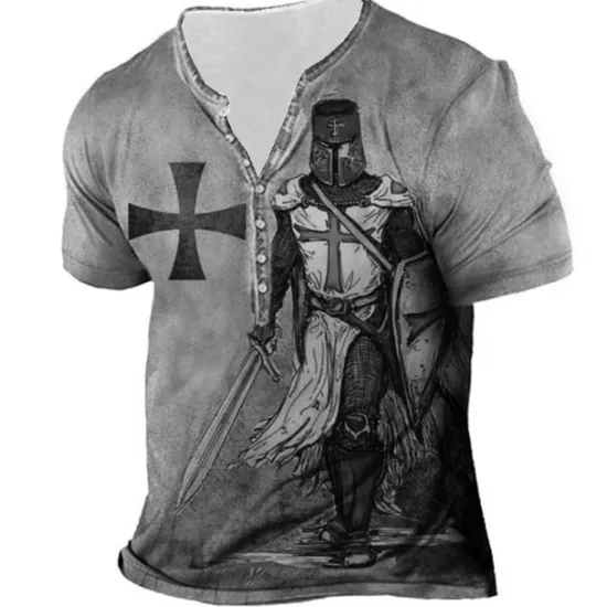 Hot OUKU Men's Graphic Templar Cross Cross T shirt Henley Shirt Tee Short Sleeve 3D Print Designer Basic Casual Outdoor Daily Sports Summer Blue Purple Brown Green Gray Henley Henley T-Shirt