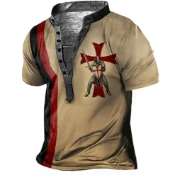 Discount OUKU Men's Graphic Templar Cross Knights Templar T Shirt Henley Shirt Tee Short Sleeve 3D Print Designer Basic Casual Outdoor Daily Sports Summer White Blue Brown Green Coffee Stand Collar Henley T-Shirt