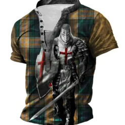 Discount OUKU Men's Graphic Templar Cross Knights Templar T Shirt Henley Shirt Tee Short Sleeve 3D Print Designer Basic Casual Outdoor Daily Sports Summer White Blue Brown Green Coffee Stand Collar Henley T-Shirt