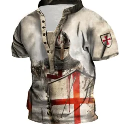 Discount OUKU Men's Graphic Templar Cross Knights Templar T Shirt Henley Shirt Tee Short Sleeve 3D Print Designer Basic Casual Outdoor Daily Sports Summer White Blue Brown Green Coffee Stand Collar Henley T-Shirt