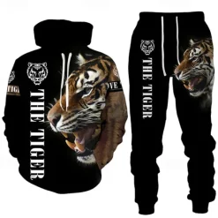 Online OUKU Men's Graphic Tiger 2pcs 3D Sweatshirt Sets Tracksuit Hoodies Long Sleeve Long pants Hooded Streetwear Basic Casual Sports & Outdoor Casual Sports Print Spring Fall Yellow / Black Yellow & Black Black
