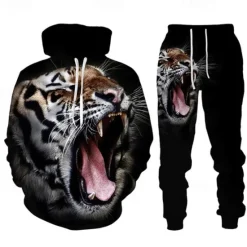 Online OUKU Men's Graphic Tiger 2pcs 3D Sweatshirt Sets Tracksuit Hoodies Long Sleeve Long pants Hooded Streetwear Designer Basic Sports & Outdoor Casual Sports Print Spring Fall Black Blue Purple