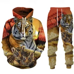 Online OUKU Men's Graphic Tiger 2pcs 3D Sweatshirt Sets Tracksuit Hoodies Long Sleeve Long pants Hooded Streetwear Designer Basic Sports & Outdoor Casual Sports Print Spring Fall Black Blue Purple