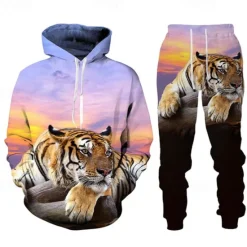 Online OUKU Men's Graphic Tiger 2pcs 3D Sweatshirt Sets Tracksuit Hoodies Long Sleeve Long pants Hooded Streetwear Designer Basic Sports & Outdoor Casual Sports Print Spring Fall Black Blue Purple
