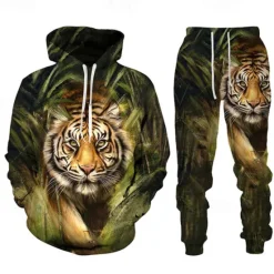 Online OUKU Men's Graphic Tiger 2pcs 3D Sweatshirt Sets Tracksuit Hoodies Long Sleeve Long pants Hooded Streetwear Designer Basic Sports & Outdoor Casual Sports Print Spring Fall Black Blue Purple