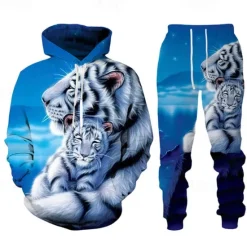 Online OUKU Men's Graphic Tiger 2pcs 3D Sweatshirt Sets Tracksuit Hoodies Long Sleeve Long pants Hooded Streetwear Designer Basic Sports & Outdoor Casual Sports Print Spring Fall Black Blue Purple