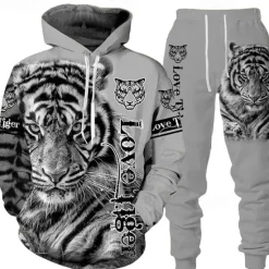 Online OUKU Men's Graphic Tiger 2pcs 3D Sweatshirt Sets Tracksuit Hoodies Long Sleeve Long pants Hooded Streetwear Basic Casual Sports & Outdoor Casual Sports Print Spring Fall White+Dark Gray Black+Light Grey