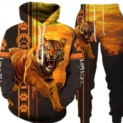 Online OUKU Men's Graphic Tiger 2pcs 3D Sweatshirt Sets Tracksuit Hoodies Long Sleeve Long pants Hooded Streetwear Basic Casual Sports & Outdoor Casual Sports Print Spring Fall White+Dark Gray Black+Light Grey