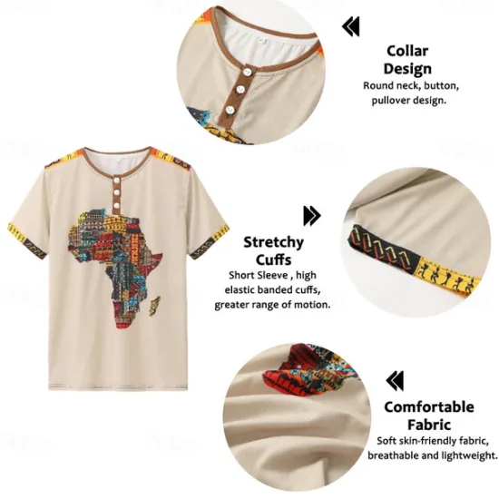 Discount OUKU Men's Graphic Tribal Henley Shirt Vintage Shirt Short Sleeve 3D Print Designer Ethnic Comfortable Outdoor Daily Summer Black Blue Brown Green Henley Henley T-Shirt