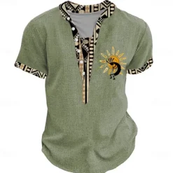 New OUKU Men's Graphic Tribal Henley Shirt Short Sleeve 3D Print Fashion Designer Basic Street Casual Daily Summer Spring Light Blue Black Green Khaki Stand Collar Henley T-Shirt