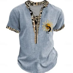 New OUKU Men's Graphic Tribal Henley Shirt Short Sleeve 3D Print Fashion Designer Basic Street Casual Daily Summer Spring Light Blue Black Green Khaki Stand Collar Henley T-Shirt
