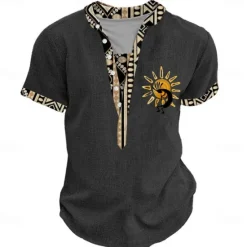 New OUKU Men's Graphic Tribal Henley Shirt Short Sleeve 3D Print Fashion Designer Basic Street Casual Daily Summer Spring Light Blue Black Green Khaki Stand Collar Henley T-Shirt