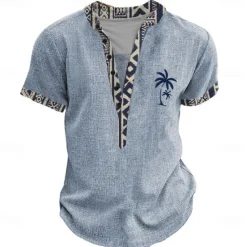 Online OUKU Men's Graphic Tribal Henley Shirt Short Sleeve 3D Print Fashion Designer Basic Street Casual Daily Summer Spring Light Blue Black Light Green Khaki Henley Henley T-Shirt