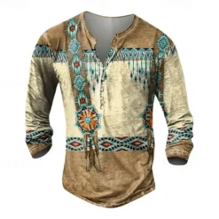 Sale OUKU Men's Graphic Tribal Henley Shirt Long Sleeve 3D Print Daily Ethnic Casual Casual Holiday Going out Spring & Fall Henley Henley T-Shirt Khaki