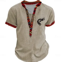 Discount OUKU Men's Graphic Tribal Henley Shirt Short Sleeve 3D Print Fashion Designer Basic Daily Summer Light Blue Black Green Khaki Henley Henley T-Shirt