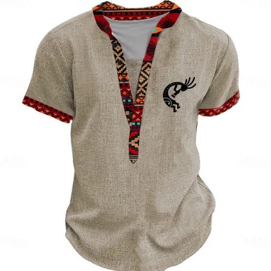 Discount OUKU Men's Graphic Tribal Henley Shirt Short Sleeve 3D Print Fashion Designer Basic Daily Summer Light Blue Black Green Khaki Henley Henley T-Shirt