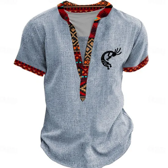 Discount OUKU Men's Graphic Tribal Henley Shirt Short Sleeve 3D Print Fashion Designer Basic Daily Summer Light Blue Black Green Khaki Henley Henley T-Shirt