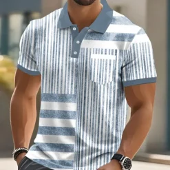 Hot OUKU Men's Graphic Vertical Stripes Polo Short Sleeve Polo Shirts Collared Shirts Business Casual Outdoor Athleisure Daily Wear Buttons 3D Print Summer Blue Brown Green