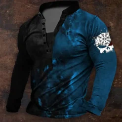 Online OUKU Men's Graphic Viking Henley Shirt Long Sleeve 3D Printing Daily Retro Vintage Casual Holiday Going out Festival Spring & Fall Blue Red Purple Green Henley Henley T-Shirt