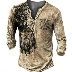 Hot OUKU Men's Graphic Viking Henley Shirt Long Sleeve 3D Print Daily Casual Vintage Retro Casual Holiday Going out Spring & Fall Henley Henley T-Shirt Khaki