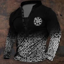 Online OUKU Men's Graphic Viking Henley Shirt Long Sleeve 3D Printing Daily Retro Vintage Casual Holiday Going out Festival Spring & Fall Black Blue Brown Green Henley Henley T-Shirt