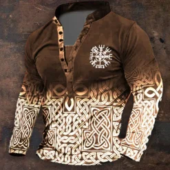 Online OUKU Men's Graphic Viking Henley Shirt Long Sleeve 3D Printing Daily Retro Vintage Casual Holiday Going out Festival Spring & Fall Black Blue Brown Green Henley Henley T-Shirt