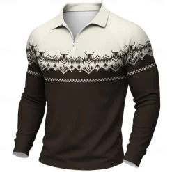 Outlet OUKU Men's Graphic Western Wear Polo Long Sleeve Polo Shirts Casual Western Style Outdoor Daily Wear 3D Print Quarter Zip Polo Spring Fall Winter Black Blue Brown