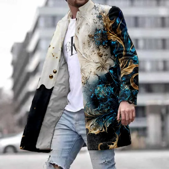 Clearance OUKU Men's Graphic Winter Coat Fleece Jacket Overcoat Thermal Comfortable Artistic Party Evening Wear Daily Wear Buttons 3D Print Front Pocket Winter Turndown Long Sleeve Blue
