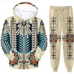 Discount OUKU Men's Graphic Wolf Bohemian Style 2pcs 3D Sweatshirt Sets Tracksuit Hoodies Long Sleeve Long pants Hooded Streetwear Designer Basic Sports & Outdoor Casual Sports Print Spring Fall Blue Orange Brown